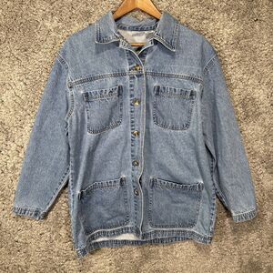 Vintage Denim Chore Jacket Women’s Medium Collared Pockets Light Wash